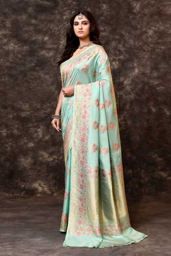 Vishwa By Pinki Sinha_Blue Silk Zari Floral Woven Saree With Running Blouse _Online_at_Aza_Fashions