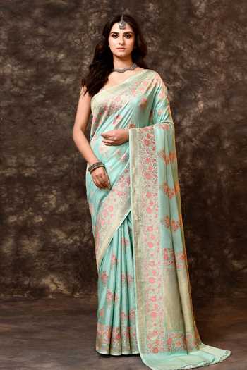 Buy_Vishwa By Pinki Sinha_Blue Silk Zari Floral Woven Saree With Running Blouse _at_Aza_Fashions