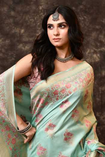 Shop_Vishwa By Pinki Sinha_Blue Silk Zari Floral Woven Saree With Running Blouse _Online_at_Aza_Fashions