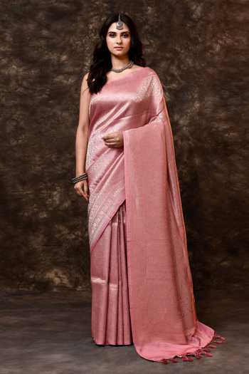 Buy_Vishwa By Pinki Sinha_Pink Silk Zari Handwoven Saree With Running Blouse _at_Aza_Fashions