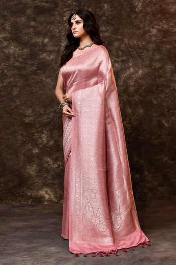 Vishwa By Pinki Sinha_Pink Silk Zari Handwoven Saree With Running Blouse _Online_at_Aza_Fashions