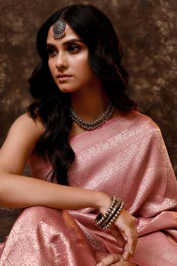 Buy_Vishwa By Pinki Sinha_Pink Silk Zari Handwoven Saree With Running Blouse _Online_at_Aza_Fashions