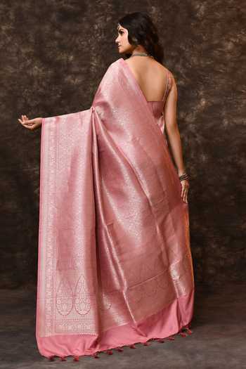 Shop_Vishwa By Pinki Sinha_Pink Silk Zari Handwoven Saree With Running Blouse _at_Aza_Fashions