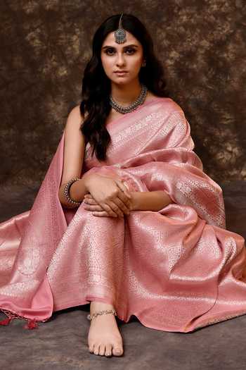Vishwa By Pinki Sinha_Pink Silk Zari Handwoven Saree With Running Blouse _at_Aza_Fashions