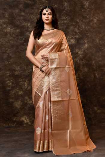 Buy_Vishwa By Pinki Sinha_Brown Tissue Zari Woven Saree With Running Blouse _at_Aza_Fashions