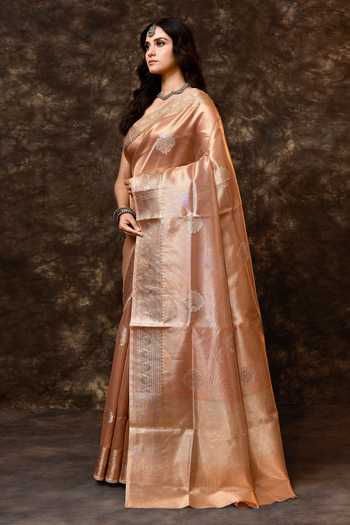 Buy_Vishwa By Pinki Sinha_Brown Tissue Zari Woven Saree With Running Blouse _Online_at_Aza_Fashions