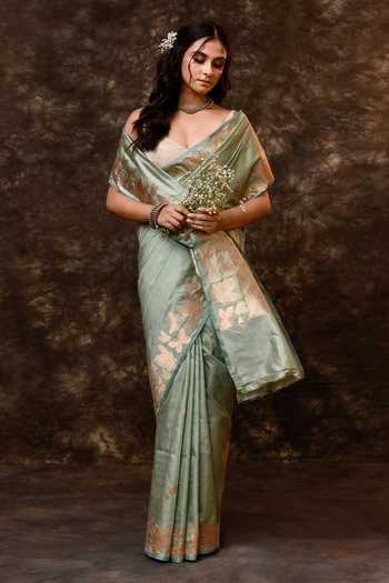 Vishwa By Pinki Sinha_Green Silk Zari Butterfly Handwoven Saree With Running Blouse _Online_at_Aza_Fashions
