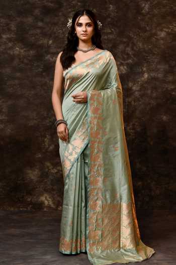 Buy_Vishwa By Pinki Sinha_Green Silk Zari Butterfly Handwoven Saree With Running Blouse _at_Aza_Fashions