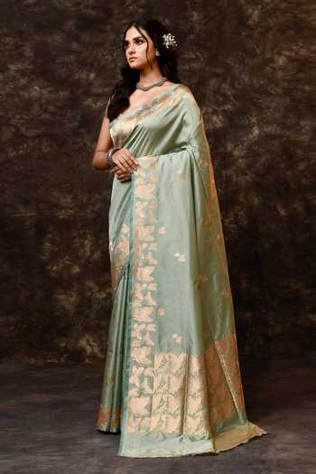 Shop_Vishwa By Pinki Sinha_Green Silk Zari Butterfly Handwoven Saree With Running Blouse _Online_at_Aza_Fashions