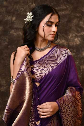 Buy_Vishwa By Pinki Sinha_Purple Silk Zari Chevron Border Woven Saree With Running Blouse _Online_at_Aza_Fashions