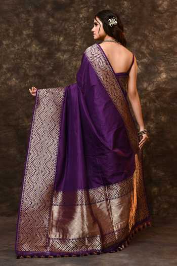 Shop_Vishwa By Pinki Sinha_Purple Silk Zari Chevron Border Woven Saree With Running Blouse _at_Aza_Fashions