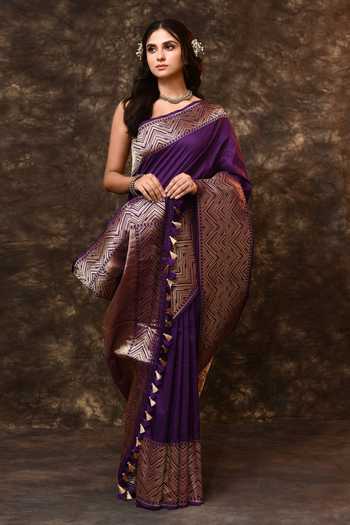 Shop_Vishwa By Pinki Sinha_Purple Silk Zari Chevron Border Woven Saree With Running Blouse _Online_at_Aza_Fashions