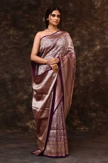 Shop_Vishwa By Pinki Sinha_Purple Silk Zari Brocade Woven Saree With Running Blouse _Online_at_Aza_Fashions