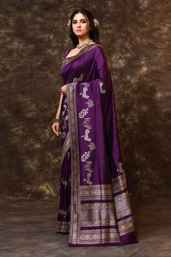 Shop_Vishwa By Pinki Sinha_Purple Silk Zari Heirloom Floral Woven Saree With Running Blouse _Online_at_Aza_Fashions