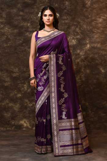 Buy_Vishwa By Pinki Sinha_Purple Silk Zari Heirloom Floral Woven Saree With Running Blouse _at_Aza_Fashions