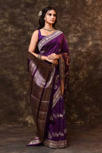 Vishwa By Pinki Sinha_Purple Silk Zari Heirloom Floral Woven Saree With Running Blouse _at_Aza_Fashions
