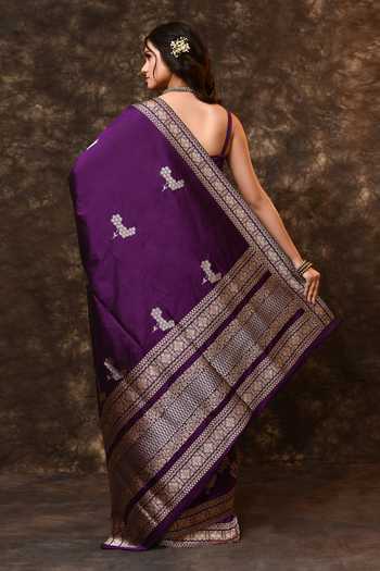 Shop_Vishwa By Pinki Sinha_Purple Silk Zari Heirloom Floral Woven Saree With Running Blouse _at_Aza_Fashions