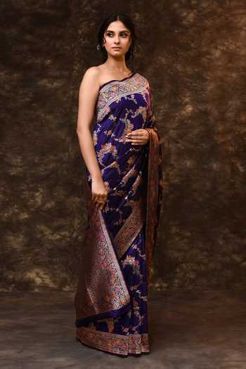 Vishwa By Pinki Sinha_Blue Silk Zari Meenakari Jaal Woven Saree With Running Blouse _Online_at_Aza_Fashions