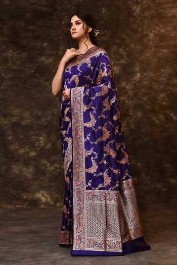 Shop_Vishwa By Pinki Sinha_Blue Silk Zari Meenakari Jaal Woven Saree With Running Blouse _Online_at_Aza_Fashions
