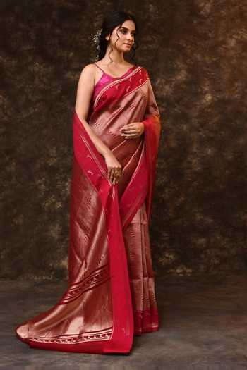 Vishwa By Pinki Sinha_Pink Silk Zari Geometric Woven Saree With Running Blouse _Online_at_Aza_Fashions