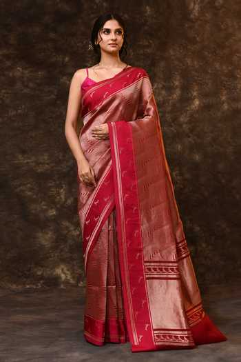 Buy_Vishwa By Pinki Sinha_Pink Silk Zari Geometric Woven Saree With Running Blouse _at_Aza_Fashions