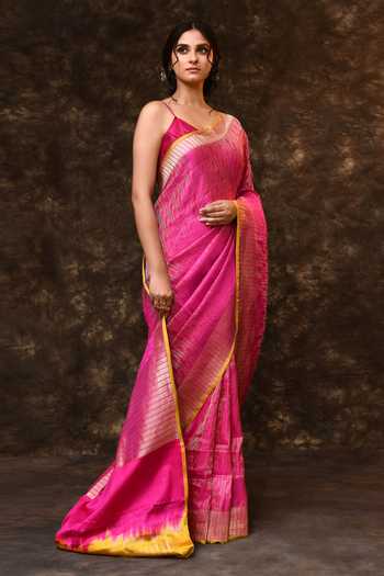Vishwa By Pinki Sinha_Pink Silk Zari Border Woven Saree With Running Blouse _Online_at_Aza_Fashions
