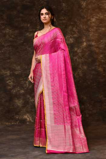Shop_Vishwa By Pinki Sinha_Pink Silk Zari Border Woven Saree With Running Blouse _Online_at_Aza_Fashions