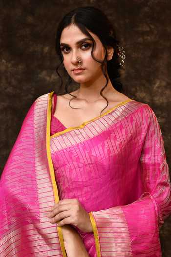 Vishwa By Pinki Sinha_Pink Silk Zari Border Woven Saree With Running Blouse _at_Aza_Fashions