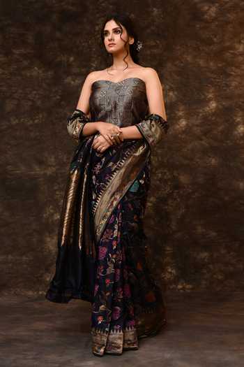 Buy_Vishwa By Pinki Sinha_Blue Silk Zari Floral Weave Saree With Running Blouse _Online_at_Aza_Fashions