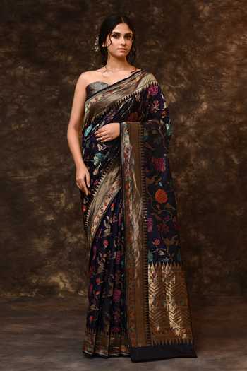 Buy_Vishwa By Pinki Sinha_Blue Silk Zari Floral Weave Saree With Running Blouse _at_Aza_Fashions
