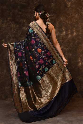 Shop_Vishwa By Pinki Sinha_Blue Silk Zari Floral Weave Saree With Running Blouse _at_Aza_Fashions