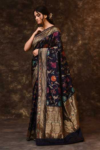 Shop_Vishwa By Pinki Sinha_Blue Silk Zari Floral Weave Saree With Running Blouse _Online_at_Aza_Fashions