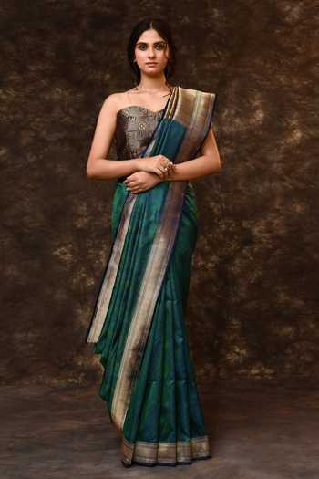 Vishwa By Pinki Sinha_Green Silk Zari Abstract Woven Saree With Running Blouse _Online_at_Aza_Fashions