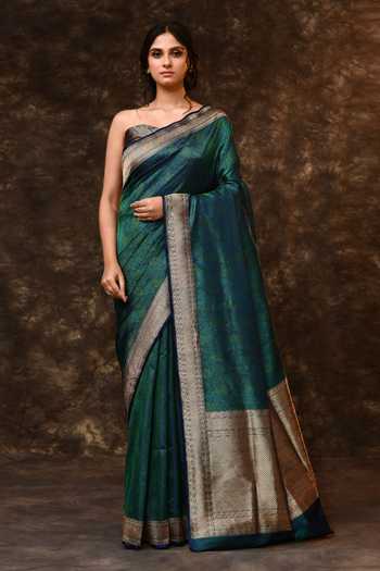 Buy_Vishwa By Pinki Sinha_Green Silk Zari Abstract Woven Saree With Running Blouse _at_Aza_Fashions