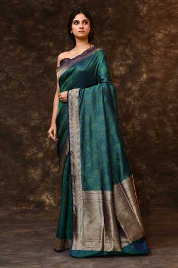 Buy_Vishwa By Pinki Sinha_Green Silk Zari Abstract Woven Saree With Running Blouse _Online_at_Aza_Fashions