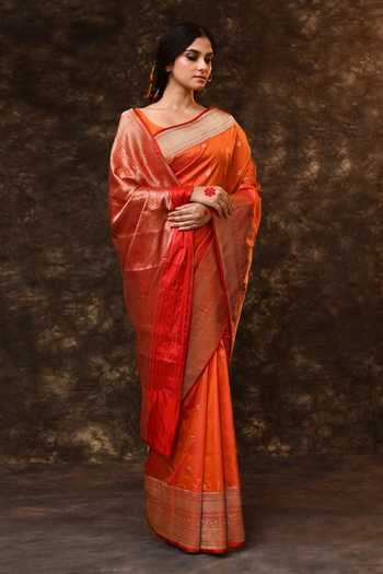 Vishwa By Pinki Sinha_Orange Silk Zari Booti Woven Saree With Running Blouse _Online_at_Aza_Fashions