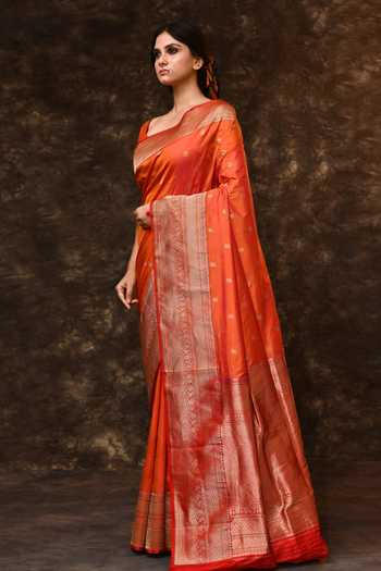 Shop_Vishwa By Pinki Sinha_Orange Silk Zari Booti Woven Saree With Running Blouse _Online_at_Aza_Fashions