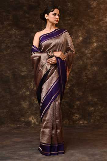 Buy_Vishwa By Pinki Sinha_Gold Silk Zari Flower Woven Saree With Running Blouse _Online_at_Aza_Fashions