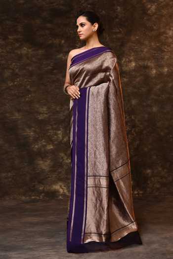 Shop_Vishwa By Pinki Sinha_Gold Silk Zari Flower Woven Saree With Running Blouse _Online_at_Aza_Fashions