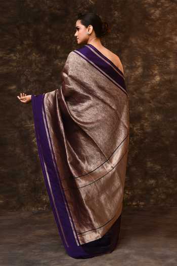 Shop_Vishwa By Pinki Sinha_Gold Silk Zari Flower Woven Saree With Running Blouse _at_Aza_Fashions
