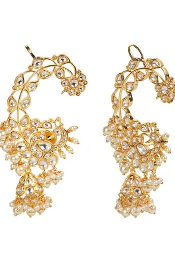 Shop_Amreli Jaipur_Multi Color Pearls, Stones Floral Carved Earrings _at_Aza_Fashions
