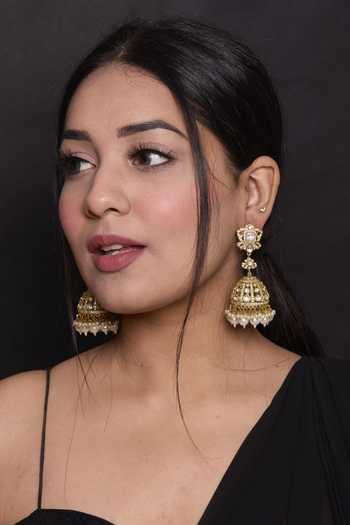 Buy_Amreli Jaipur_White Pearls, Stones Embellished Jhumka Earrings _at_Aza_Fashions