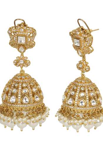 Amreli Jaipur_White Pearls, Stones Embellished Jhumka Earrings _Online_at_Aza_Fashions