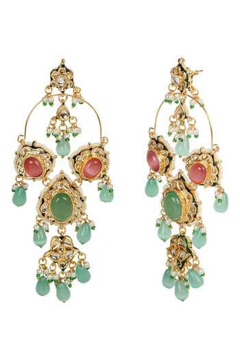 Shop_Amreli Jaipur_Multi Color Beads, Pearls, Stones Monalisa Beaded Kundan Carved Earrings _at_Aza_Fashions