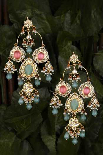 Buy_Amreli Jaipur_Multi Color Beads, Pearls, Stones Monalisa Beaded Kundan Carved Earrings _at_Aza_Fashions