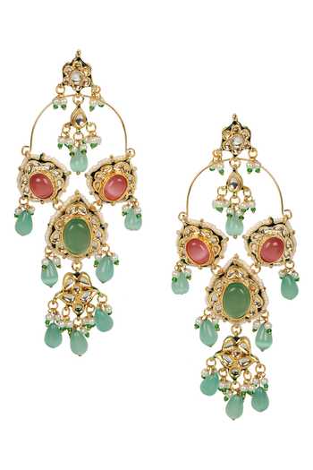 Amreli Jaipur_Multi Color Beads, Pearls, Stones Monalisa Beaded Kundan Carved Earrings _Online_at_Aza_Fashions