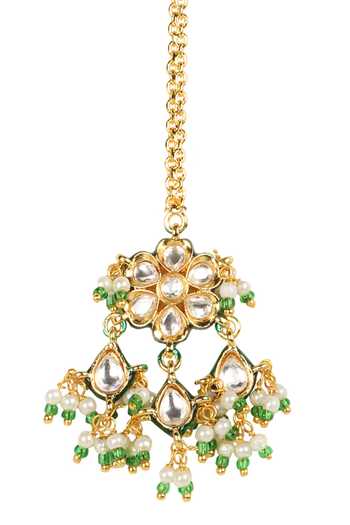 Amreli Jaipur_Green Beads, Pearls, Stones Embellished Maangtikka _Online_at_Aza_Fashions