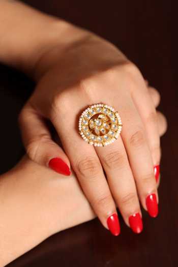 Buy_Amreli Jaipur_White Pearls, Stones Kundan Polki Ring _at_Aza_Fashions