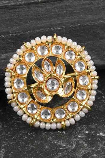 Shop_Amreli Jaipur_White Pearls, Stones Kundan Polki Ring _at_Aza_Fashions
