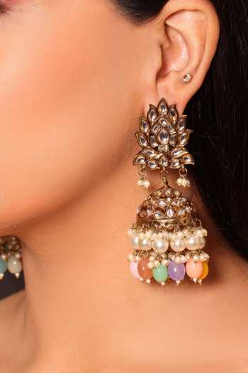 Shop_Amreli Jaipur_Multi Color Beads, Pearls, Stones Handcrafted Jhumka Earrings _at_Aza_Fashions